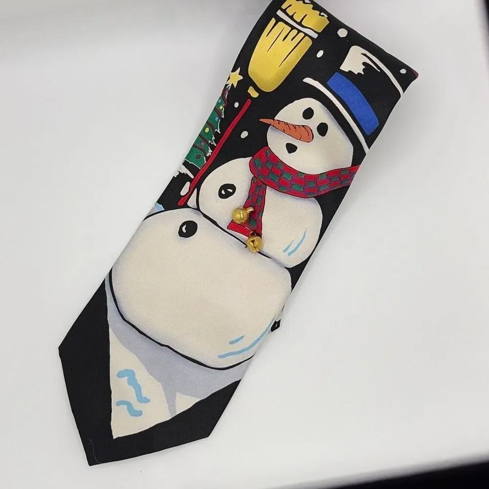 Vintage 90s Jingle Ties‎ Silk Snowman Christmas Novelty Necktie with Bells